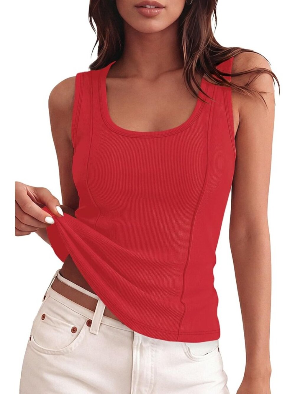 Women's Red Tank Top Ribbed Scoop Neck Slim Fit Sleeveless Basic Tee